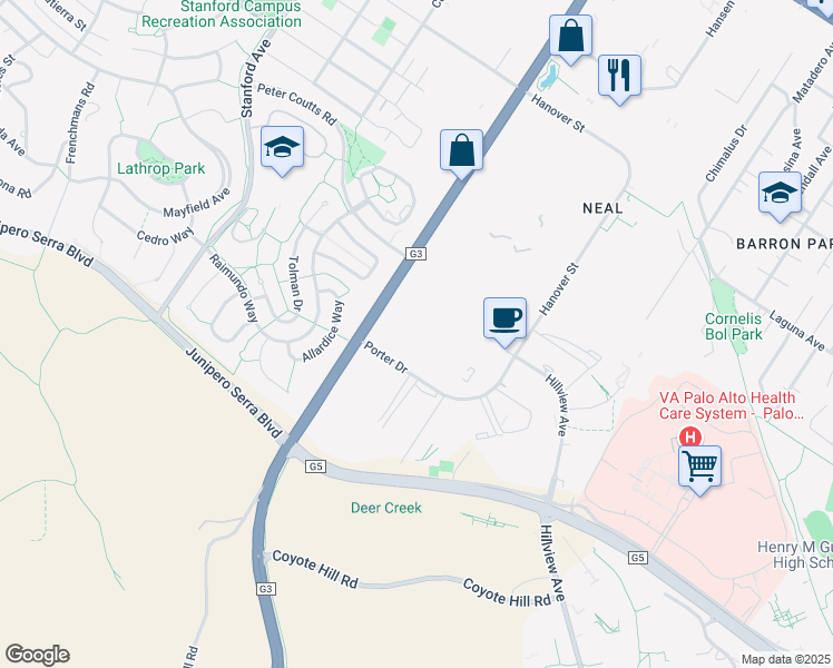 map of restaurants, bars, coffee shops, grocery stores, and more near 1651 Page Mill Road in Palo Alto