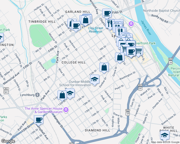 map of restaurants, bars, coffee shops, grocery stores, and more near 1008 Jackson Street in Lynchburg