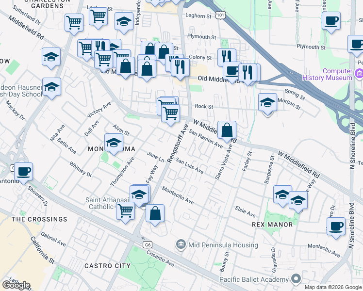 map of restaurants, bars, coffee shops, grocery stores, and more near 429 North Rengstorff Avenue in Mountain View