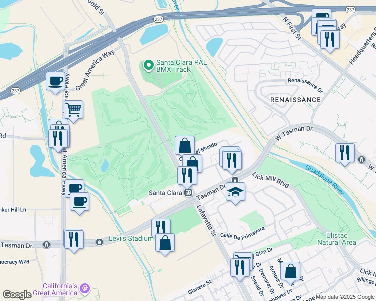 map of restaurants, bars, coffee shops, grocery stores, and more near 2333 Calle Del Mundo in Santa Clara