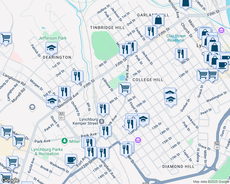 map of restaurants, bars, coffee shops, grocery stores, and more near 1400 7th Street in Lynchburg