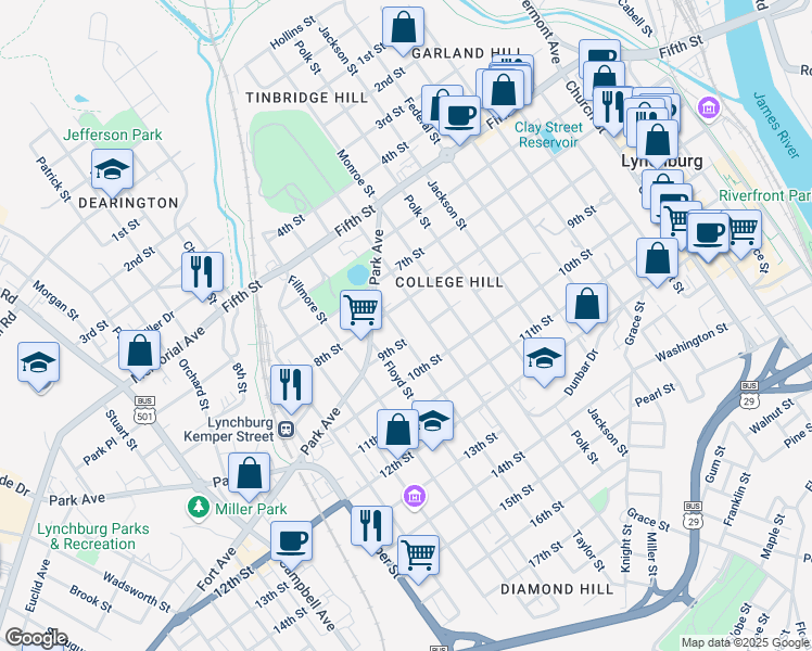 map of restaurants, bars, coffee shops, grocery stores, and more near 814 Wise Street in Lynchburg