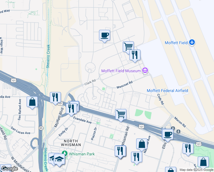 map of restaurants, bars, coffee shops, grocery stores, and more near 600 Wescoat Court in Mountain View