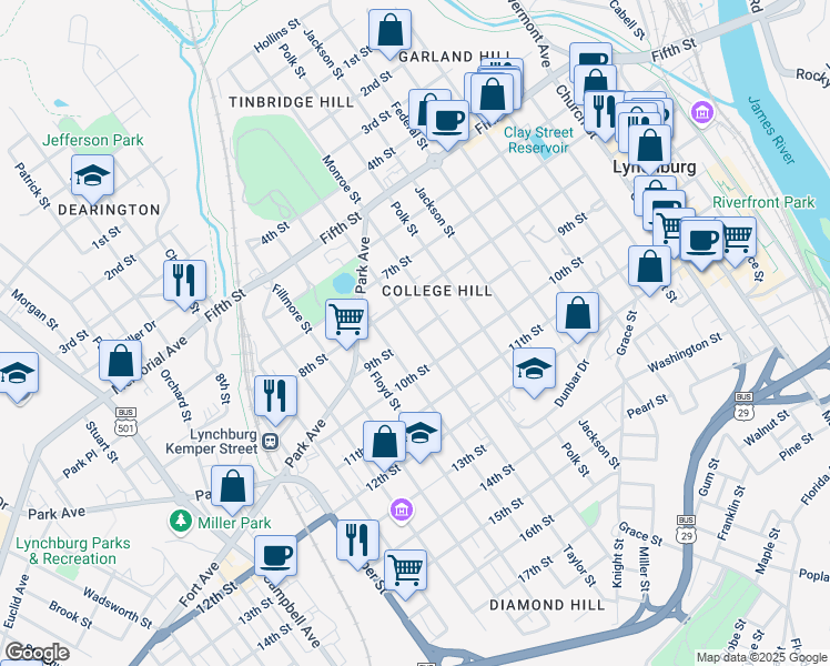map of restaurants, bars, coffee shops, grocery stores, and more near 898 Taylor Street in Lynchburg