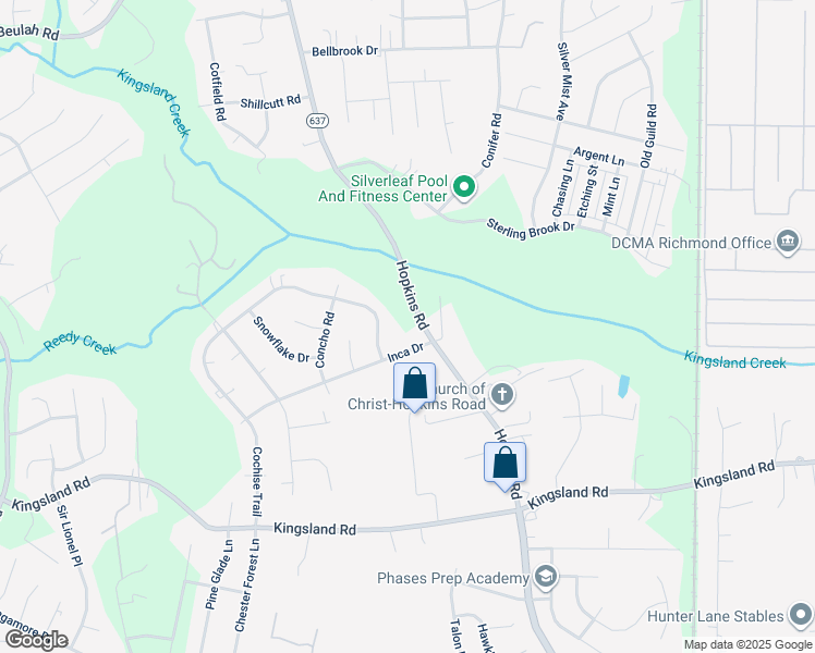 map of restaurants, bars, coffee shops, grocery stores, and more near 8100 Hopkins Road in Richmond