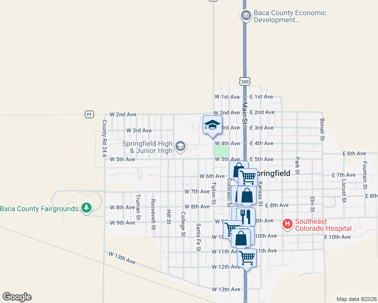 map of restaurants, bars, coffee shops, grocery stores, and more near 401-499 West 5th Avenue in Springfield