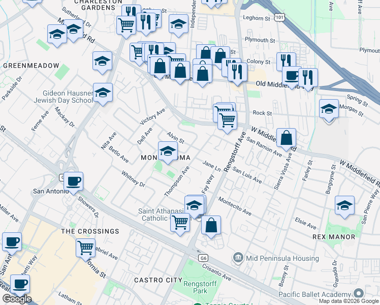 map of restaurants, bars, coffee shops, grocery stores, and more near 2403 Alvin Street in Mountain View