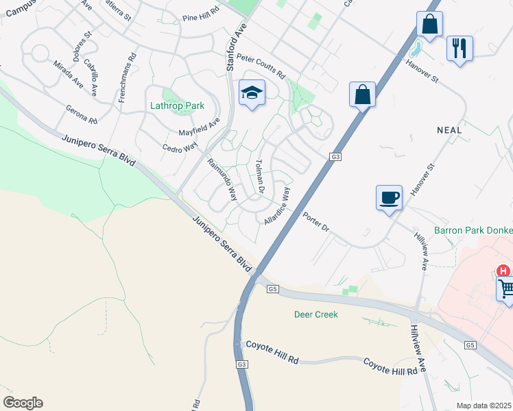 map of restaurants, bars, coffee shops, grocery stores, and more near 841 Tolman Drive in Palo Alto