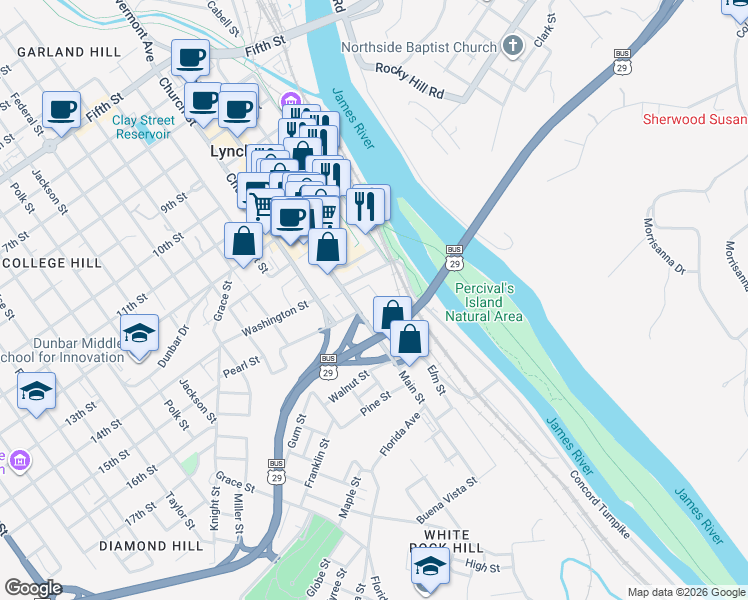 map of restaurants, bars, coffee shops, grocery stores, and more near 159 Elm Street in Lynchburg