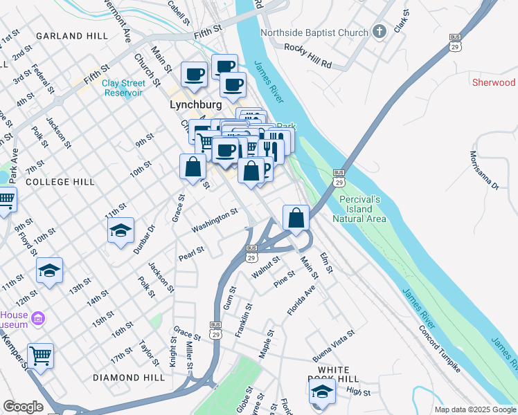 map of restaurants, bars, coffee shops, grocery stores, and more near 1401 Main Street in Lynchburg