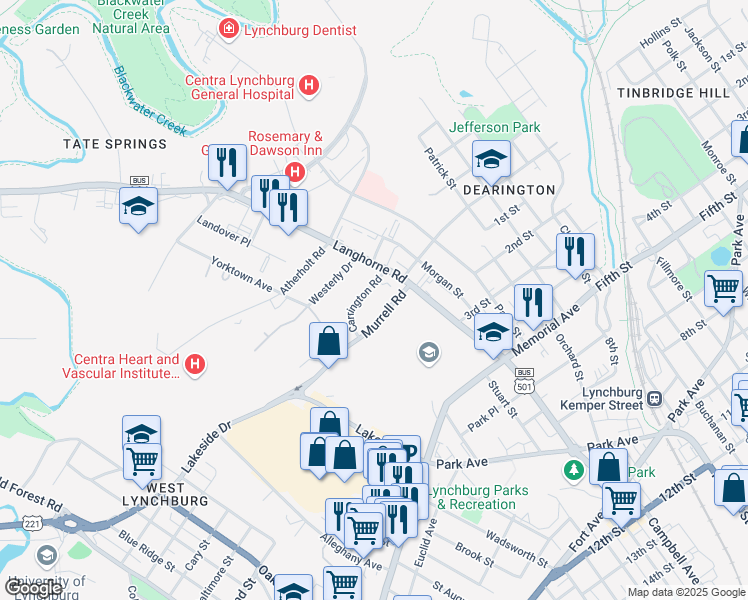 map of restaurants, bars, coffee shops, grocery stores, and more near 2101-2155 Murrell Rd in Lynchburg