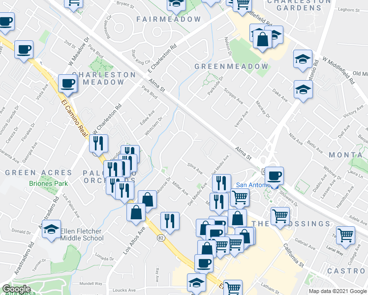 map of restaurants, bars, coffee shops, grocery stores, and more near 221 Monroe Drive in Mountain View