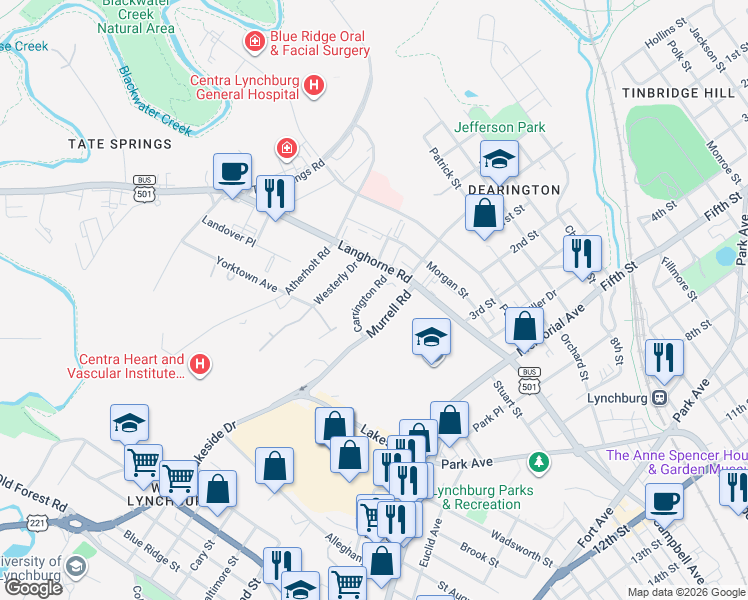 map of restaurants, bars, coffee shops, grocery stores, and more near 2173 Carrington Road in Lynchburg