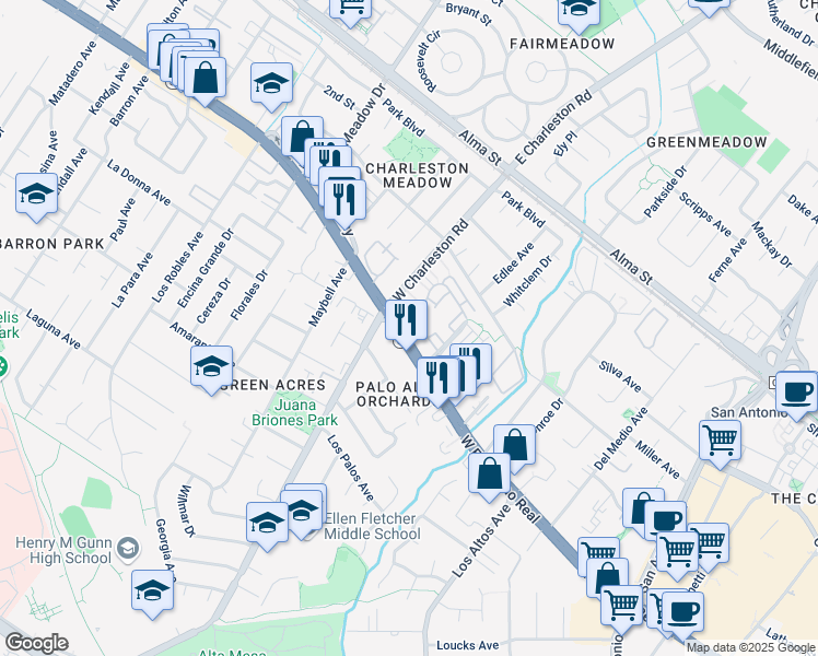 map of restaurants, bars, coffee shops, grocery stores, and more near 4238 Rickeys Lane in Palo Alto