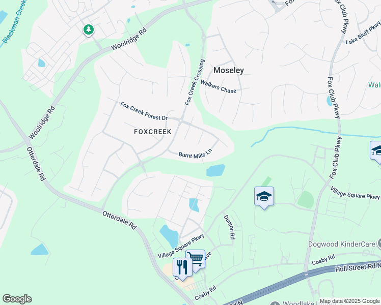 map of restaurants, bars, coffee shops, grocery stores, and more near 6454 Burnt Mills Lane in Moseley