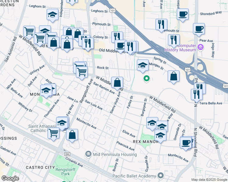 map of restaurants, bars, coffee shops, grocery stores, and more near 1944 San Ramon Avenue in Mountain View