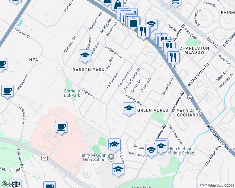 map of restaurants, bars, coffee shops, grocery stores, and more near 852 Los Robles Avenue in Palo Alto
