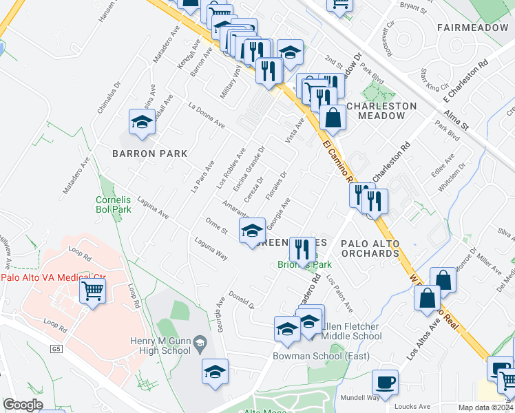 map of restaurants, bars, coffee shops, grocery stores, and more near 766 Florales Drive in Palo Alto