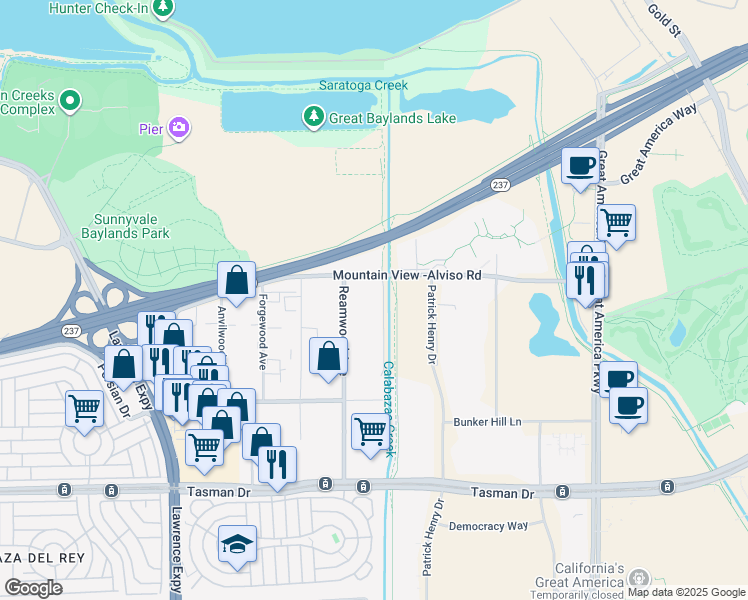 map of restaurants, bars, coffee shops, grocery stores, and more near 1290 Reamwood Avenue in Sunnyvale