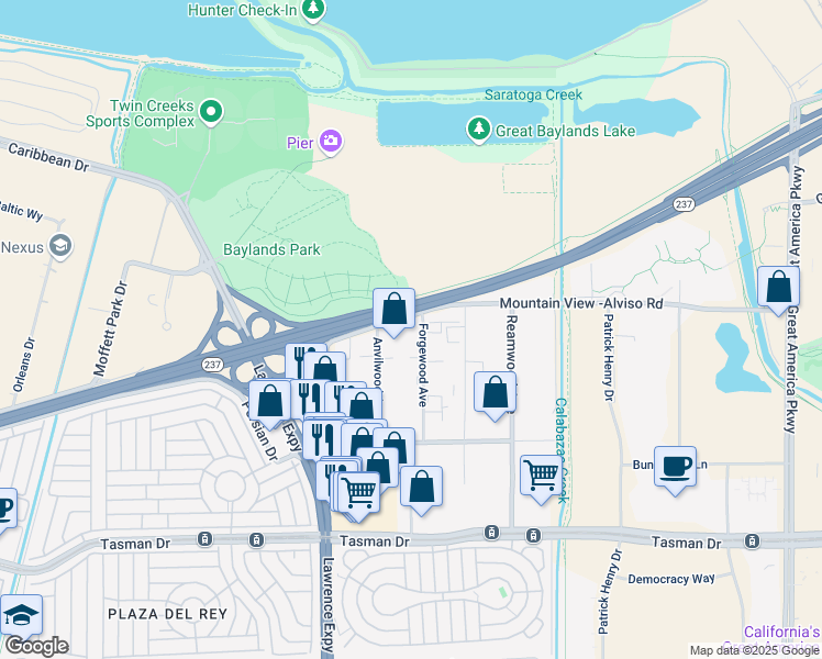 map of restaurants, bars, coffee shops, grocery stores, and more near 1292 Forgewood Ave in Sunnyvale