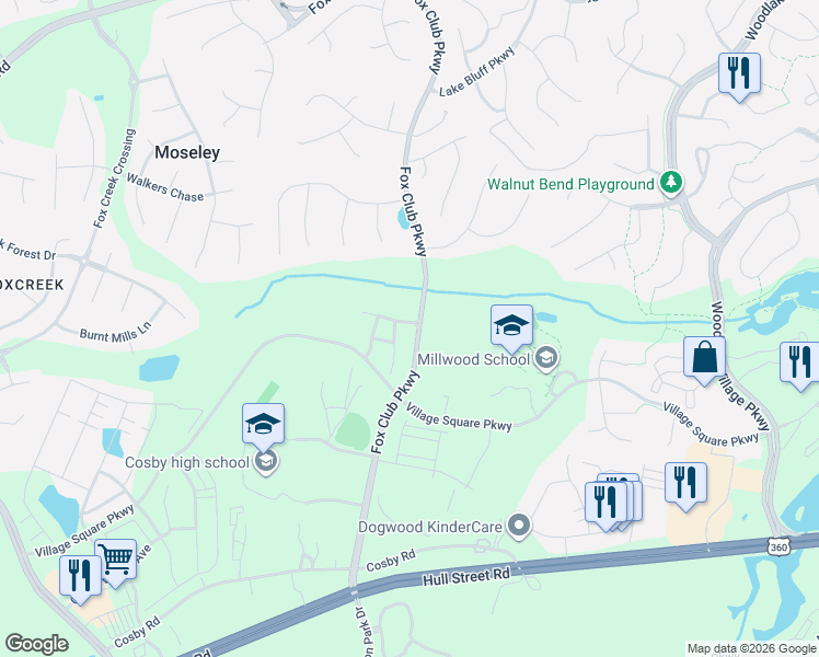 map of restaurants, bars, coffee shops, grocery stores, and more near 15205 Princess Lauren Lane in Midlothian