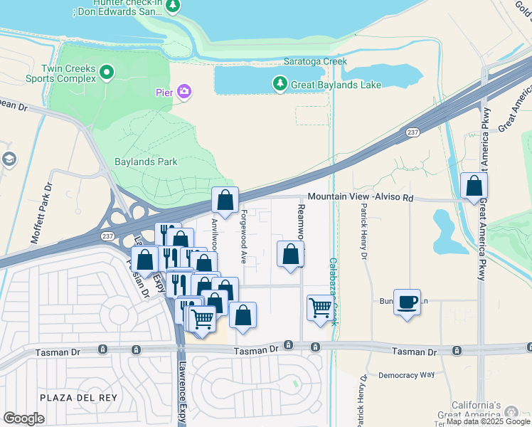map of restaurants, bars, coffee shops, grocery stores, and more near 1289 Hammerwood Avenue in Sunnyvale