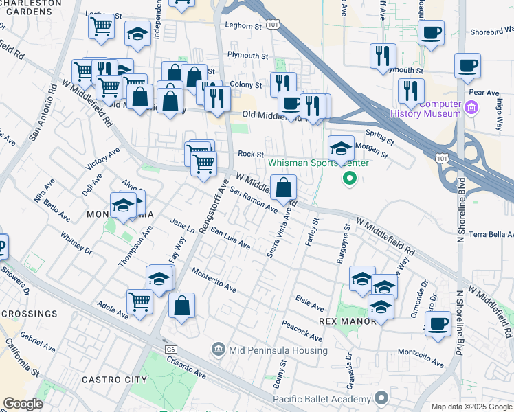 map of restaurants, bars, coffee shops, grocery stores, and more near 440 Beaume Court in Mountain View