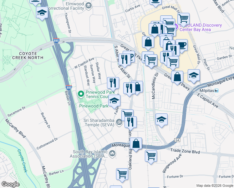 map of restaurants, bars, coffee shops, grocery stores, and more near 133 Greentree Way in Milpitas