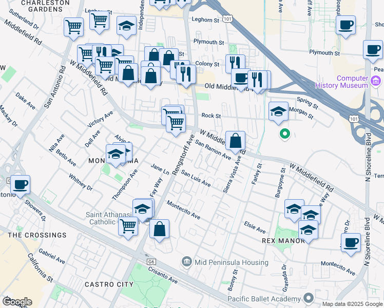 map of restaurants, bars, coffee shops, grocery stores, and more near 429 North Rengstorff Avenue in Mountain View