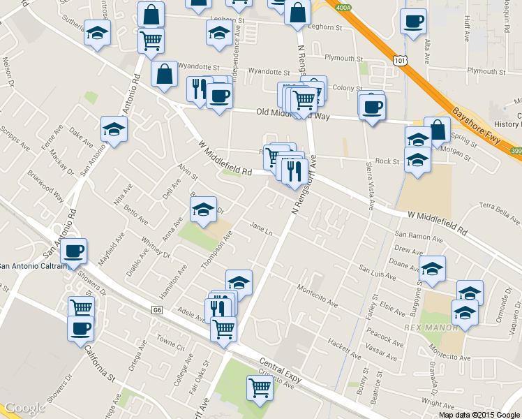 map of restaurants, bars, coffee shops, grocery stores, and more near 420 Bella Corte in Mountain View