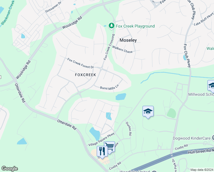 map of restaurants, bars, coffee shops, grocery stores, and more near 6454 Burnt Mills Lane in Moseley