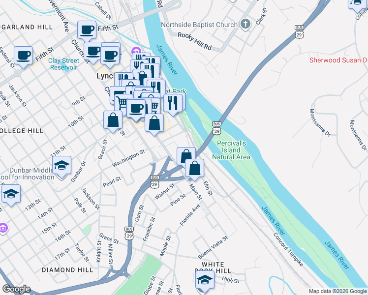 map of restaurants, bars, coffee shops, grocery stores, and more near 1401-1499 Concord Turnpike in Lynchburg