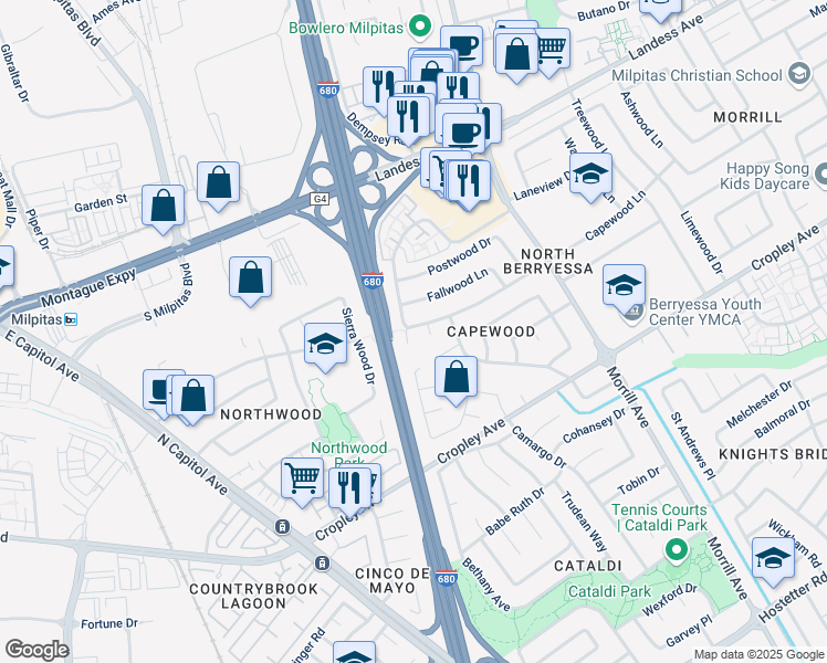 map of restaurants, bars, coffee shops, grocery stores, and more near 2070 Amberwood Court in San Jose