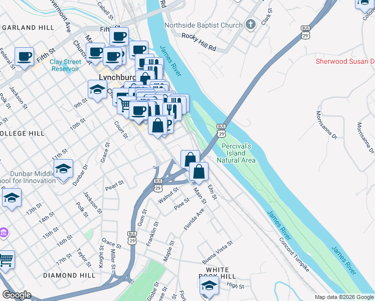 map of restaurants, bars, coffee shops, grocery stores, and more near 1401-1499 Concord Turnpike in Lynchburg