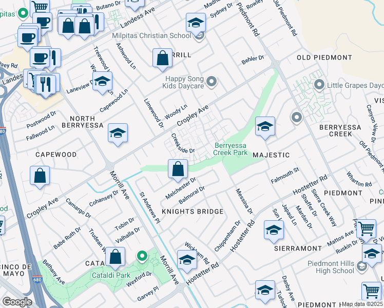 map of restaurants, bars, coffee shops, grocery stores, and more near 3070 Ironside Court in San Jose