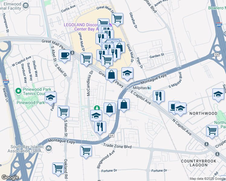map of restaurants, bars, coffee shops, grocery stores, and more near 1646 Centre Pointe Drive in Milpitas