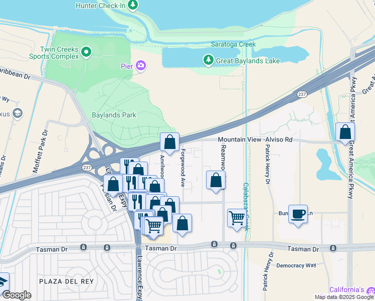 map of restaurants, bars, coffee shops, grocery stores, and more near 1292 Forgewood Avenue in Sunnyvale