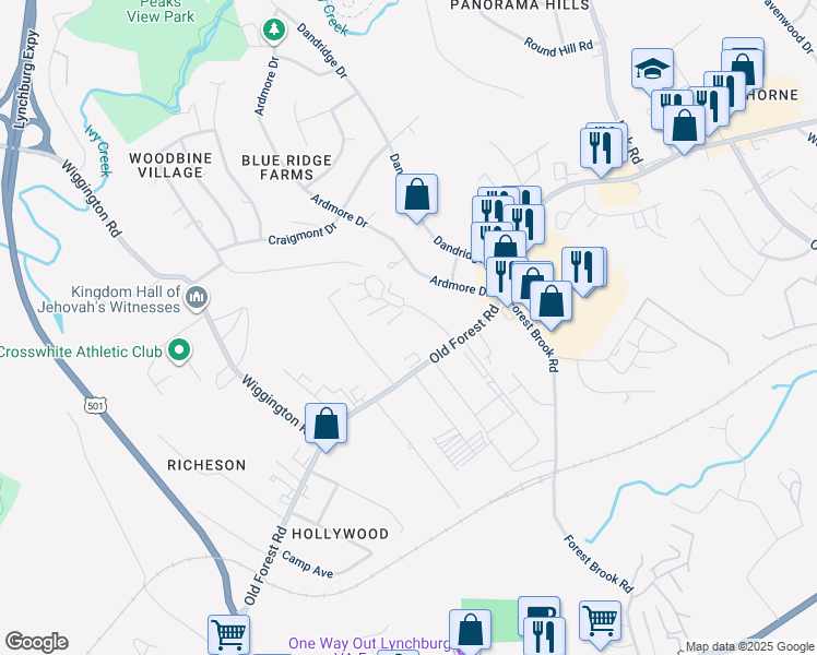map of restaurants, bars, coffee shops, grocery stores, and more near 104 Timber Court in Lynchburg