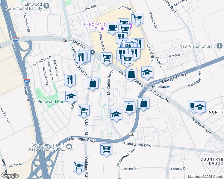 map of restaurants, bars, coffee shops, grocery stores, and more near 1509 Bleecker Street in Milpitas