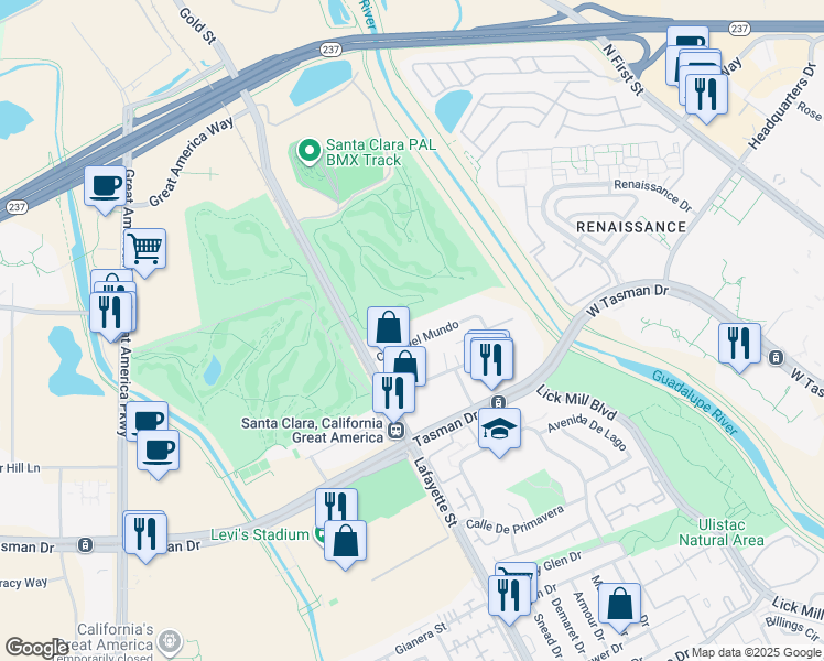 map of restaurants, bars, coffee shops, grocery stores, and more near 2323 Calle Del Mundo in Santa Clara