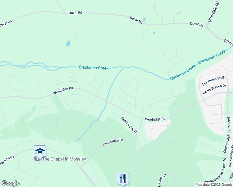 map of restaurants, bars, coffee shops, grocery stores, and more near 18067 Twin Falls Lane in Moseley