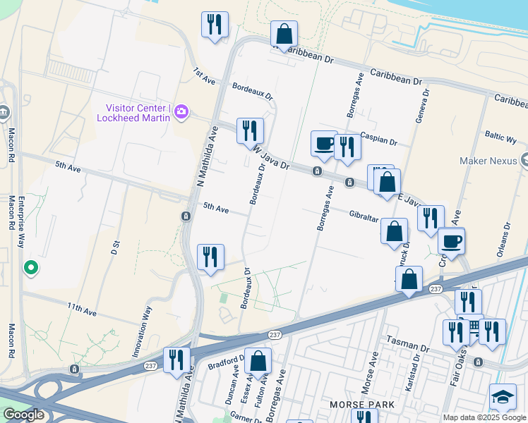 map of restaurants, bars, coffee shops, grocery stores, and more near 1212 Bordeaux Drive in Sunnyvale