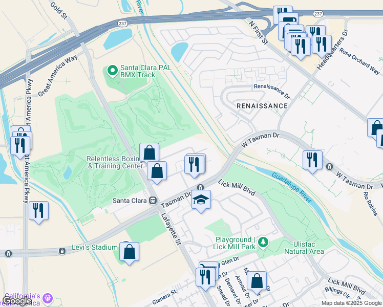 map of restaurants, bars, coffee shops, grocery stores, and more near 2230 Calle Del Mundo in Santa Clara