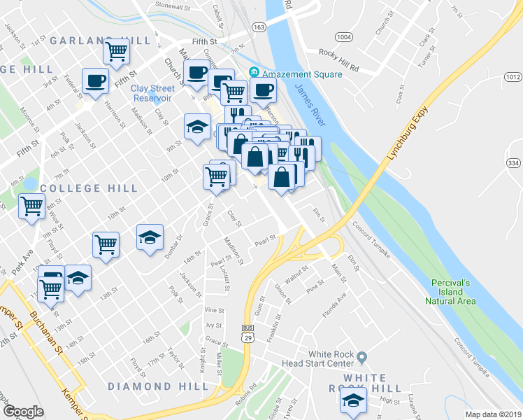 map of restaurants, bars, coffee shops, grocery stores, and more near in Lynchburg