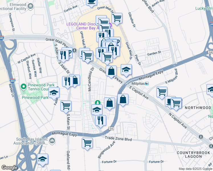map of restaurants, bars, coffee shops, grocery stores, and more near 1515 Centre Pointe Drive in Milpitas