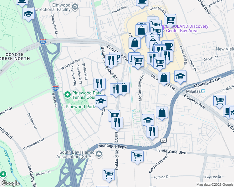 map of restaurants, bars, coffee shops, grocery stores, and more near 43 Greentree Way in Milpitas