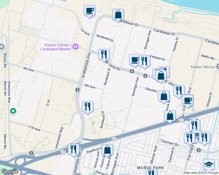 map of restaurants, bars, coffee shops, grocery stores, and more near 1212 Bordeaux Dr in Sunnyvale