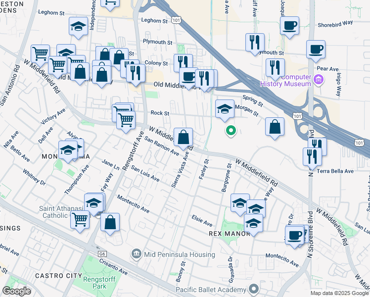 map of restaurants, bars, coffee shops, grocery stores, and more near 1944 San Ramon Avenue in Mountain View