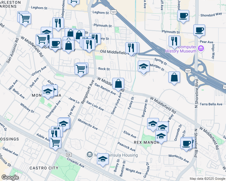map of restaurants, bars, coffee shops, grocery stores, and more near 1944 San Ramon Avenue in Mountain View