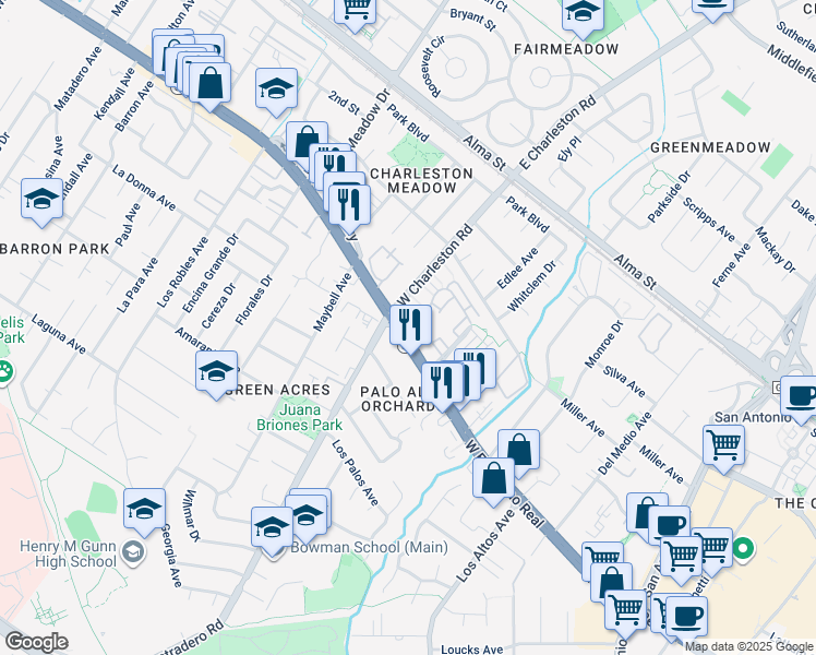 map of restaurants, bars, coffee shops, grocery stores, and more near 4238 Rickeys Lane in Palo Alto